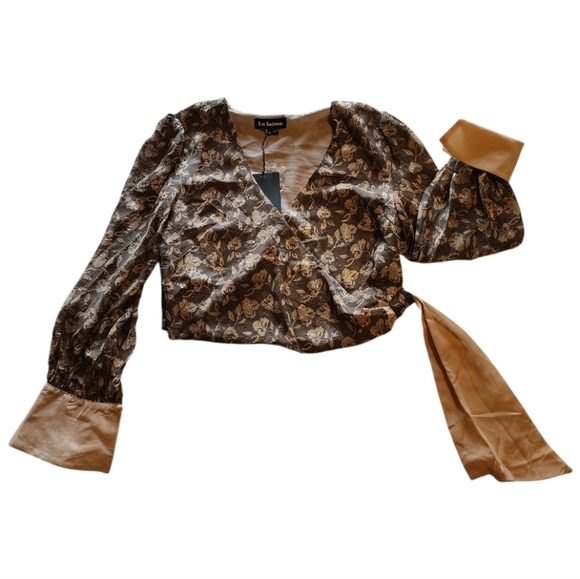 Anthropologie En Saison Wrap Blouse Brown Floral Jacquard Puff Sleeve Tie L NWT - Picture 2 of 16